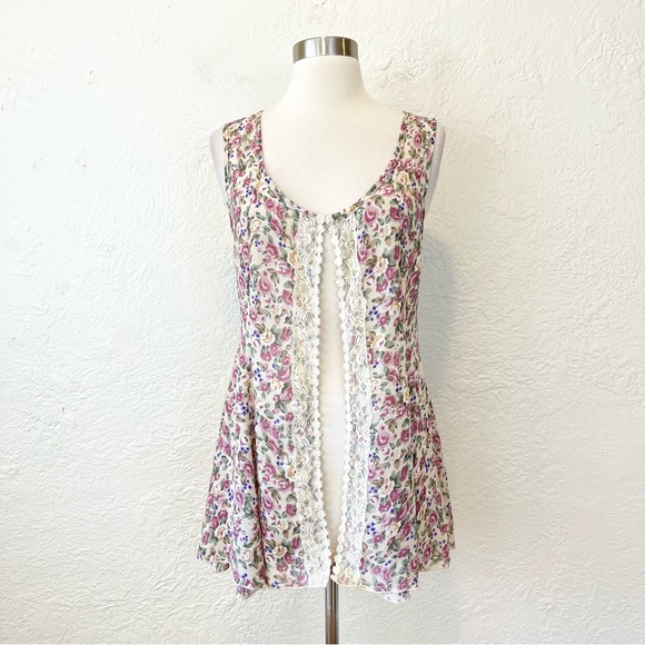 Vintage Top Cream Pink Floral Lace Trim Split Front Coquette Cottagecore M/L